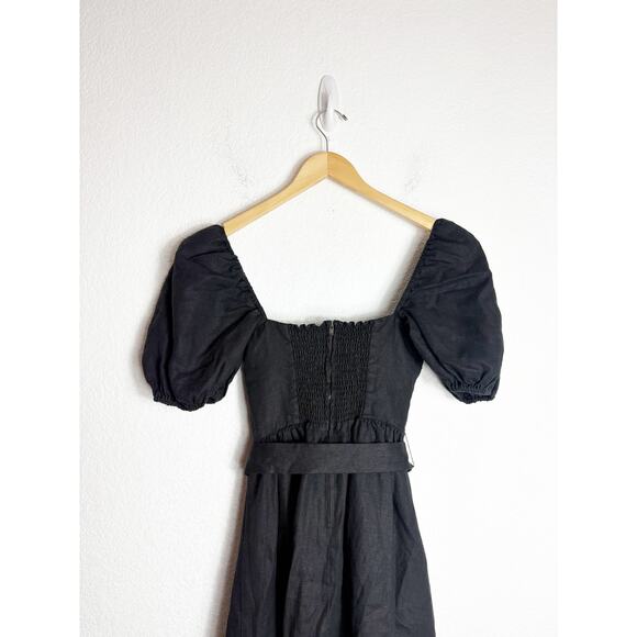 Reformation Tien Linen Midi Dress Size 2 Black Puff Sleeve Belted Cottagecore - Picture 11 of 13